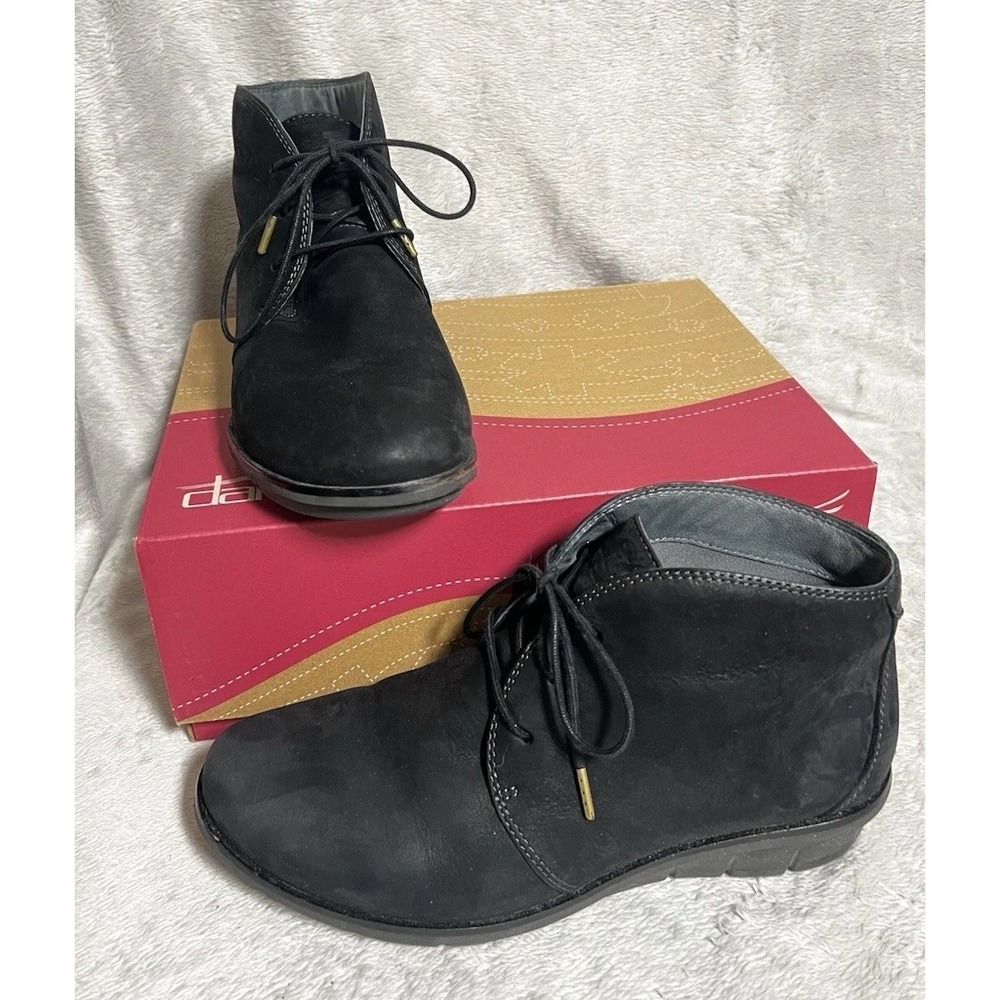 Dansko Joy Black Leather Chukka Ankle Boots Women Size 37 EU 6.5-7 US Lace Up